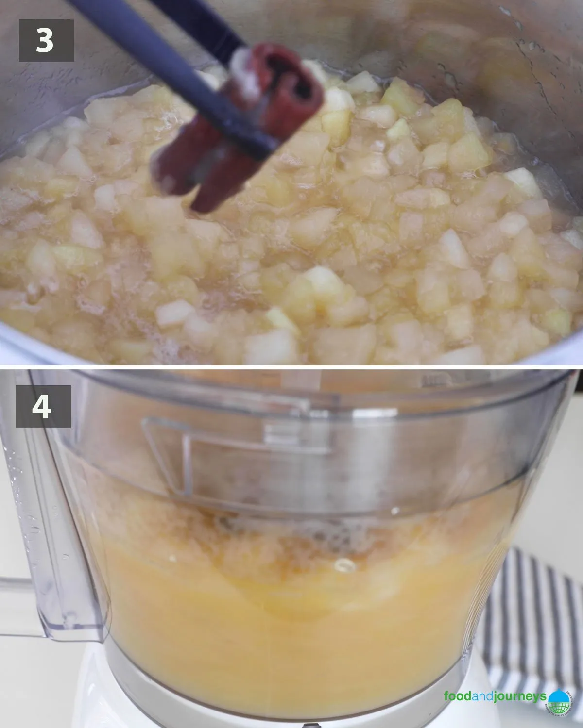 Zweiter Teil einer Collage von Bildern, die den Schritt-für-Schritt-Prozess zur Zubereitung von deutschem Apfelmus zeigen.