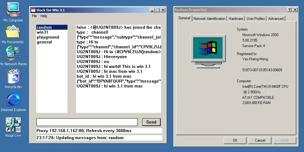 Zwischentest des Slack Clients auf einer Windows 2000 VM