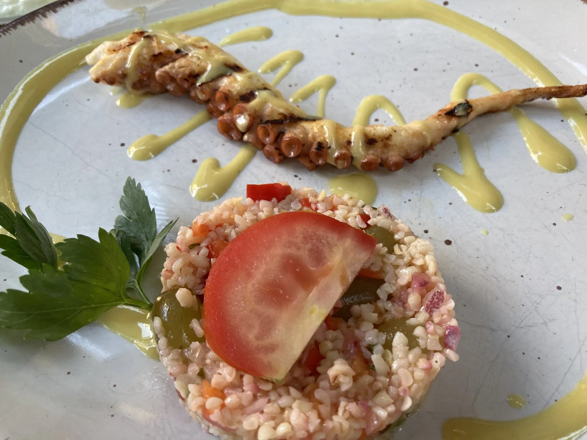 Gegrillter Oktopus mit Couscous-Salat im Odyssia Essen.