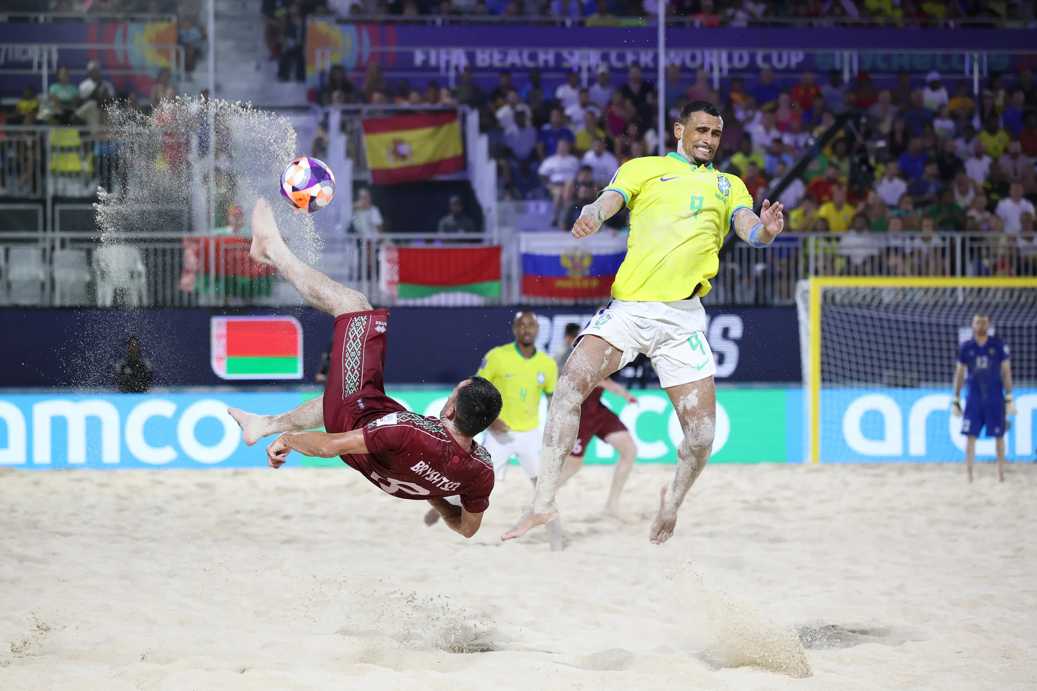 Ihar Bryshtsel of Belarus attempts an overhead kick whilst under pressure from Rodrigo of Brazil during the FIFA Beach Soccer World Cup Seychelles 2025 Final