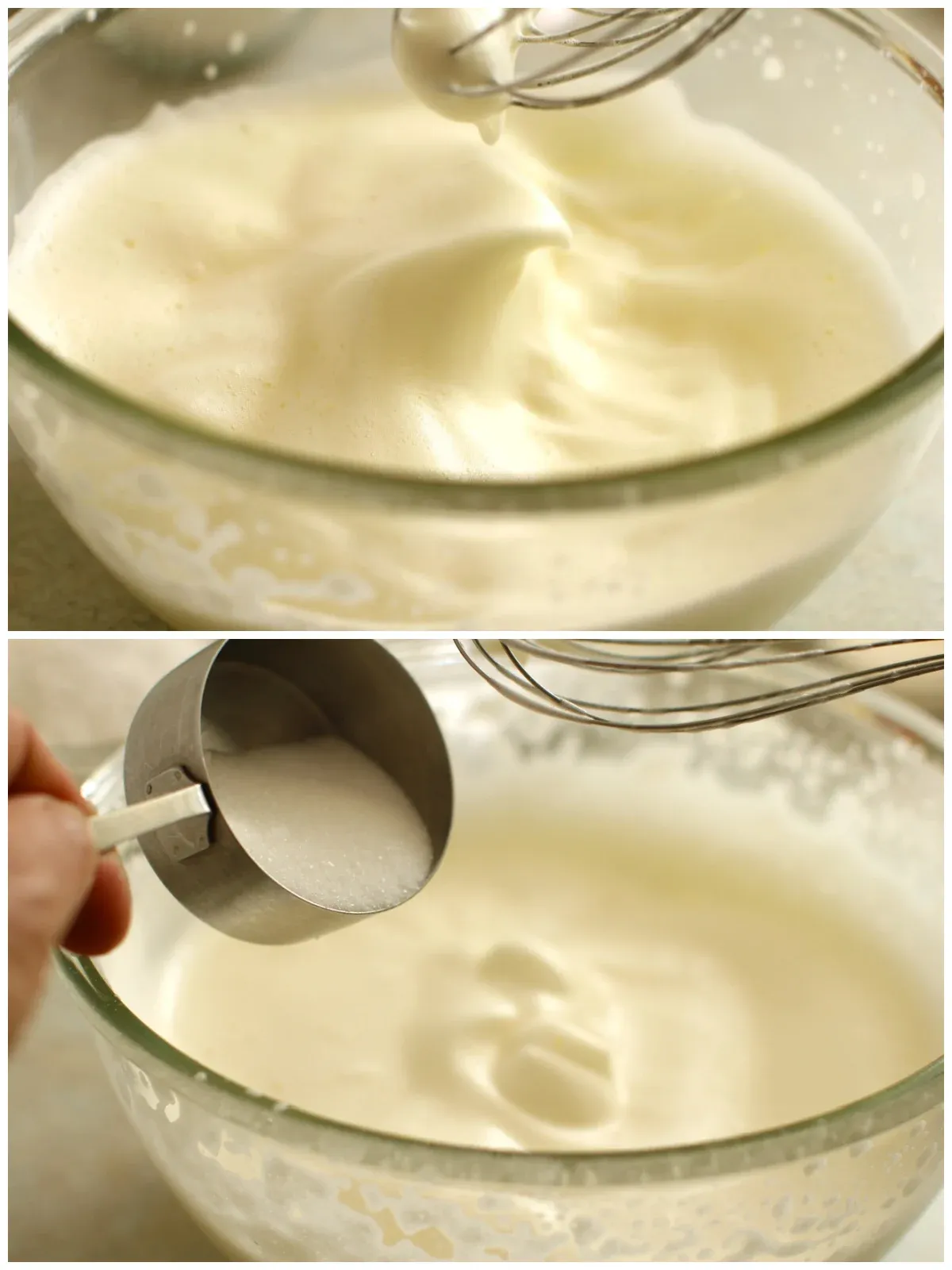 2-teilige Fotocollage vom aufgeschlagenen Ei und dem Hinzufügen des Zuckers.