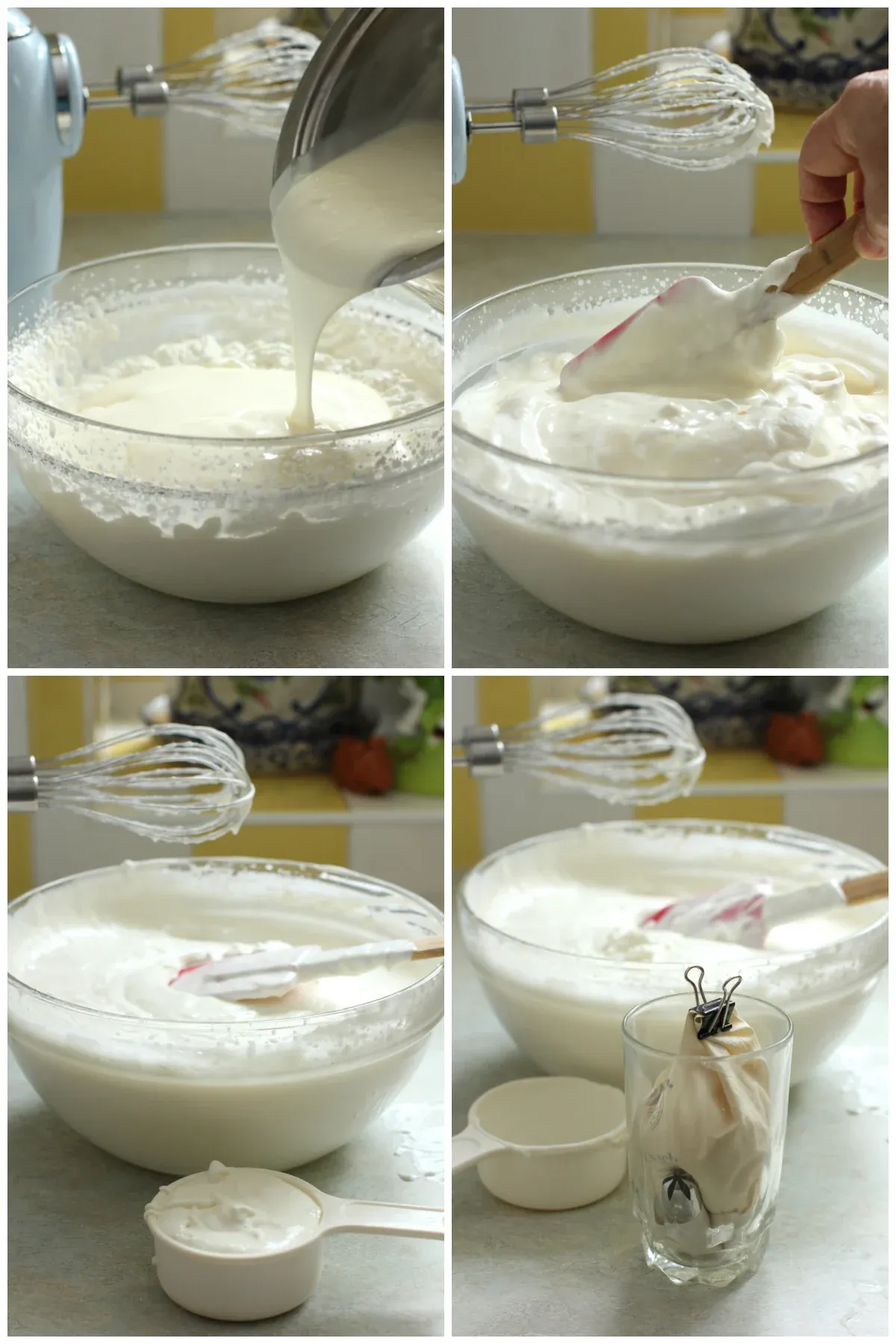 4-teilige Fotocollage – Gelatine-Joghurt-Mischung über die geschlagene Sahne gießen, unterheben, etwas für die Garnitur entnehmen, in einen Spritzbeutel füllen.
