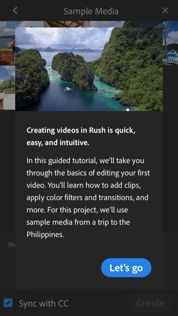 Beim Start von Adobe Premiere Rush öffnet sich ein Tutorial, um die App zu erklären.