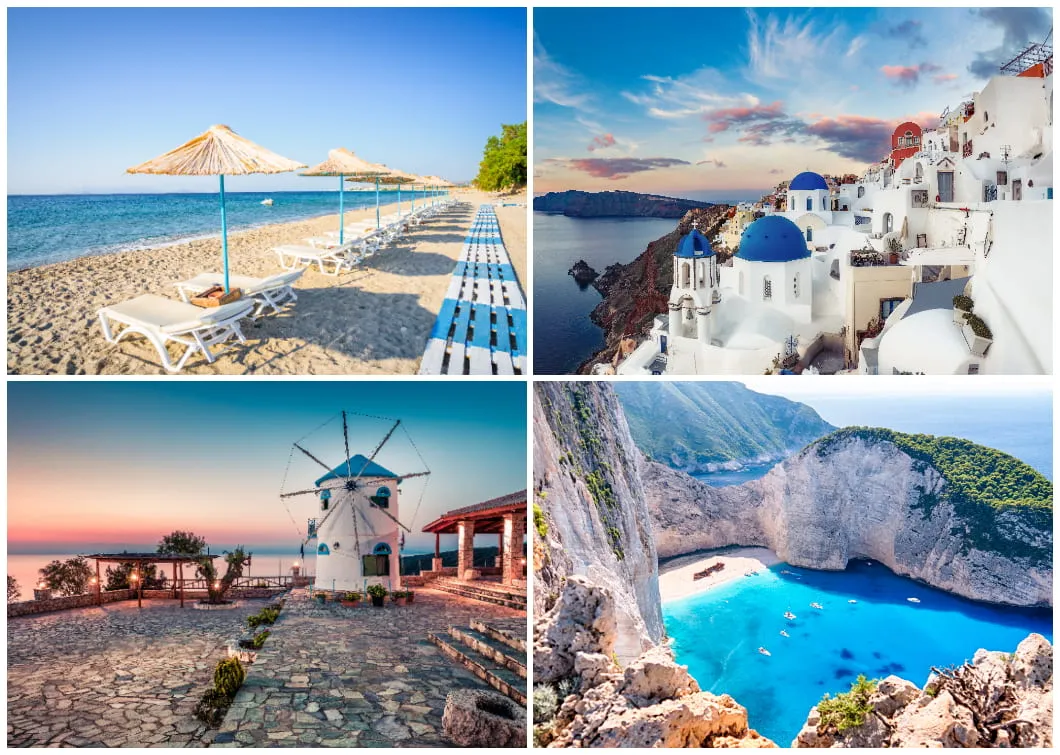Beliebte Sehenswürdigkeiten in Griechenland: Kardamena Beach auf Kos, Santorin, Windmühle auf Zakynthos, Schmugglerbucht auf Zakynthos