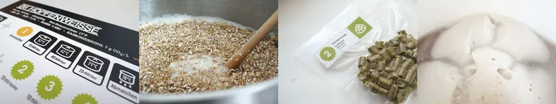 Bildergalerie mit 4 Fotos: Anleitung + Malz + Hopfen + Hefe