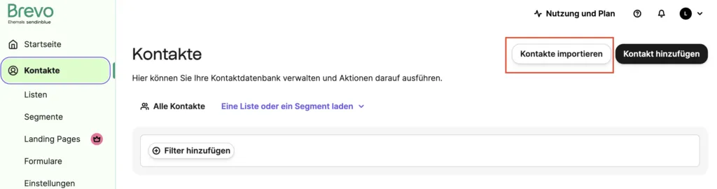 Bildschirmaufnahme: Import von Kontakten in Brevo