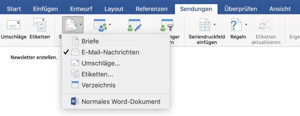 Bildschirmaufnahme: Outlook Seriendruck-Funktion in Word wird ausgewählt