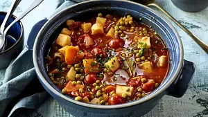 Bunter Gemüseeintopf mit Erbsen, Tomaten, Karotten und weiteren Gemüsewürfeln in aromatischer Brühe.