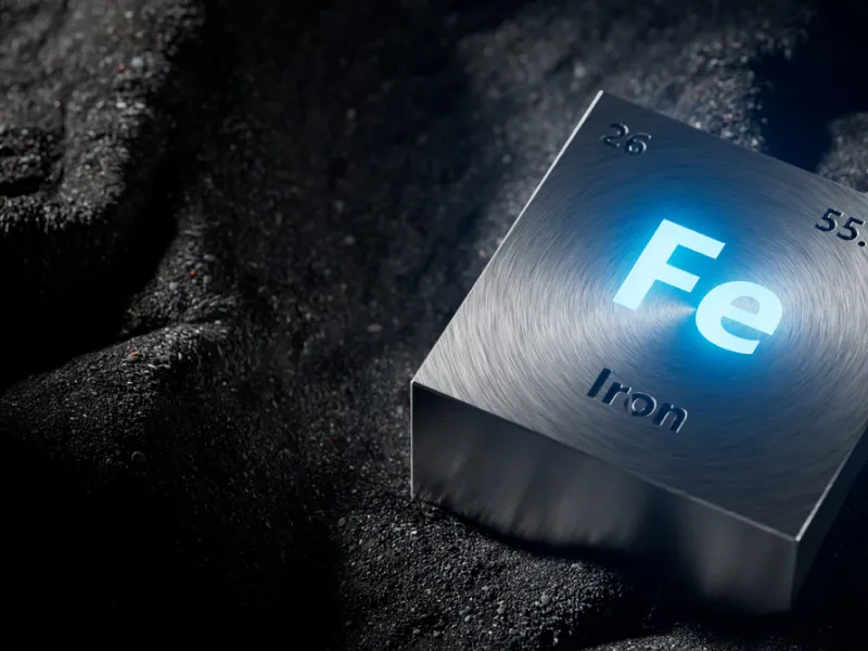 Darstellung des chemischen Elements Eisen in Form eines Blocks aus Metall, der auf schwarzem Sand liegt.