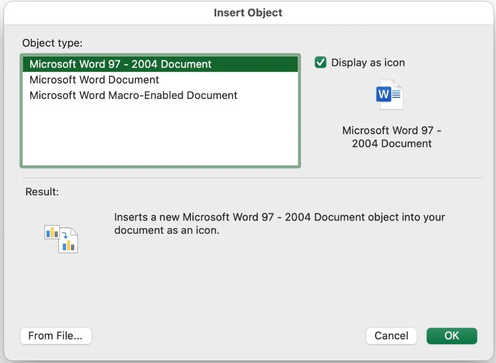 Dialogfeld "Objekt einfügen" in Excel