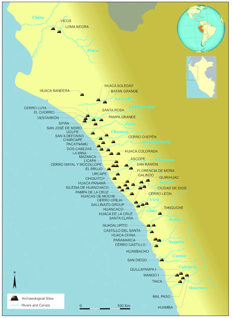 Die Nordküste Perus mit den vom Volk der Moche besiedelten Tälern und Fundorten.