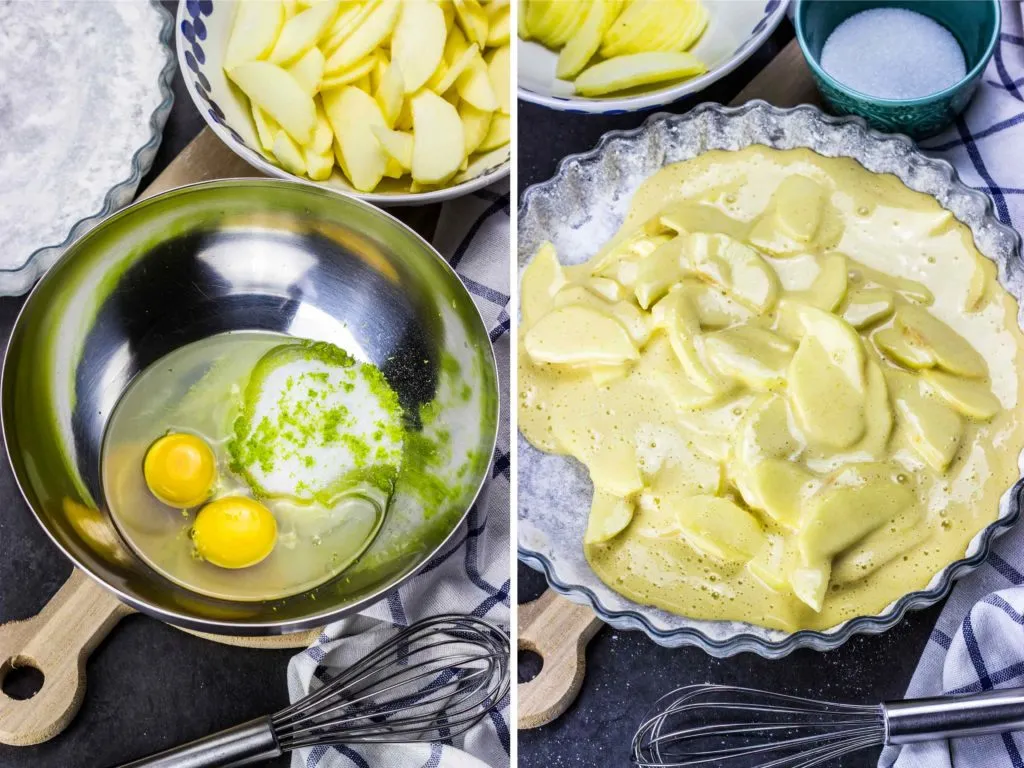 Ein Stück des Apfelkuchens wird auf einem Teller mit einem Löffel Joghurt daneben serviert.