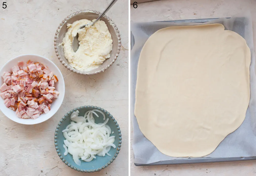 Eine Schüssel mit Crème fraîche, gewürfeltem Speck und geschnittenen Zwiebeln. Ausgerollter Teig auf Backpapier auf einem Backblech.