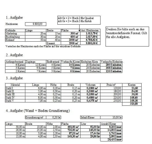 Excel Übung zu benutzerdefinierte Formate anlegen sowie das Benutzen über Zahlen formatieren.