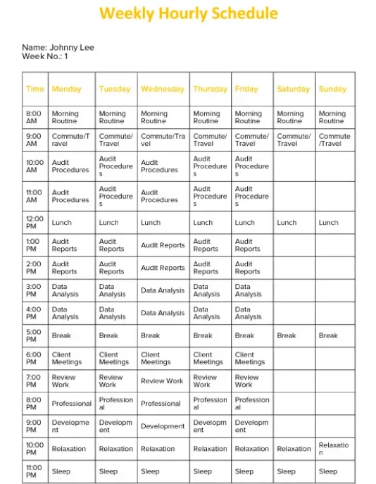 Google Docs Vorlage für einen detaillierten wöchentlichen Stundenplan