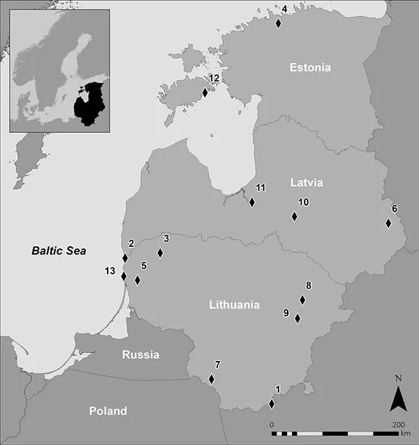 Karte der in der Studie genannten archäologischen Stätten im südöstlichen Baltikum