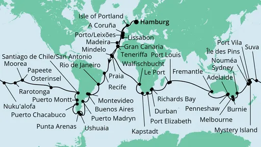 Routenverlauf Weltreise 2023