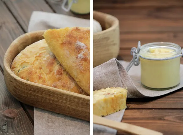 Rustikales Chili-Kartoffel-Baguette mit Knoblauch-Chilibutter