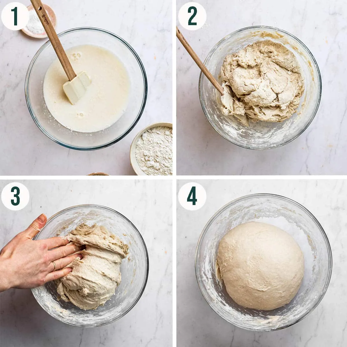 Sauerteig Brotschritte 1 bis 4, Teig mischen und dehnen.