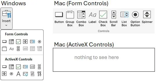 Vergleich der Steuerelement-Optionen in Excel für Windows und Mac