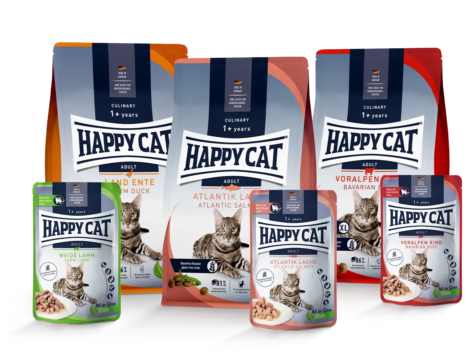 Verschiedene Packungen von Happy Cat Culinary