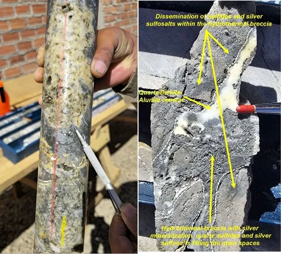 Abbildung 4A (linkes Foto): Bohrloch CO-0001: 49,70 m, polymiktische Brekzie mit Matrixunterstützung, pervasive Silifizierung mit disseminierten Sulfosalzen, lokal vuggiger Quarz und Quarz-Alunit-Dickit. Abbildung 4B (rechtes Foto): Bohrloch CO-0002: Bei 60 m.