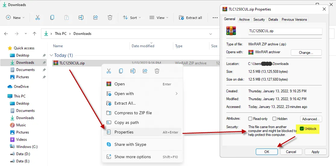 Aktivieren der Option "Entsperren" in den Dateieigenschaften unter Windows