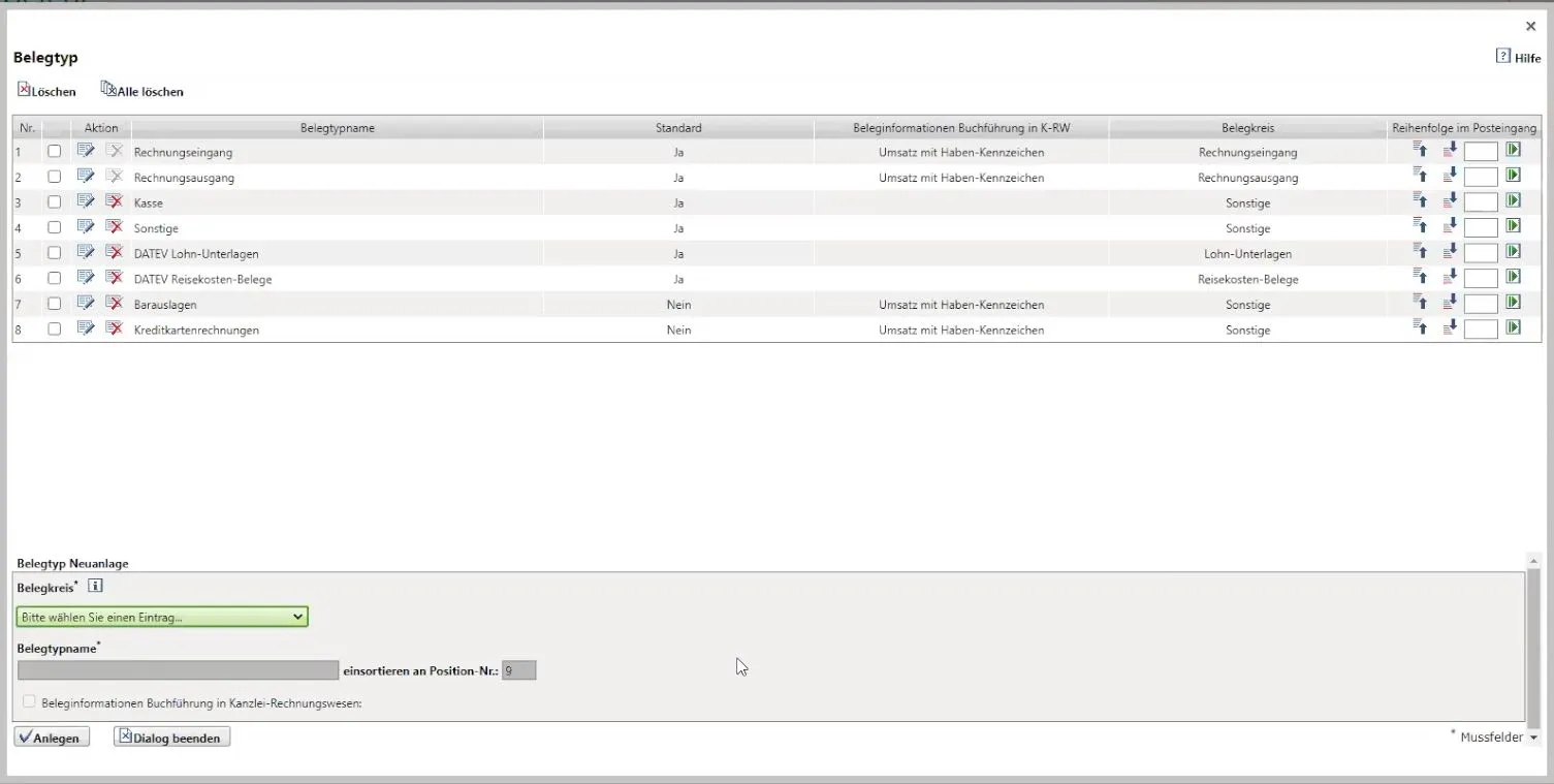 Anlage individueller Belegtypen in DATEV Unternehmen online