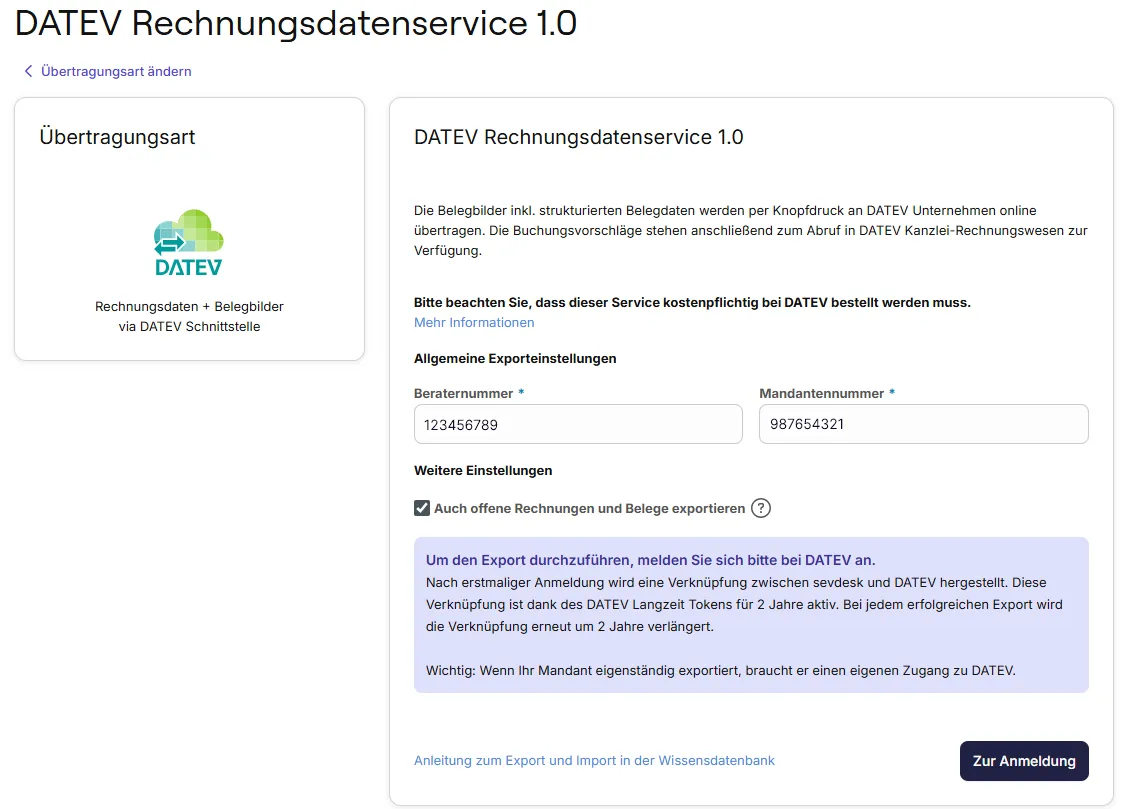 Anmeldung für den DATEV Rechnungsdatenservice in sevdesk
