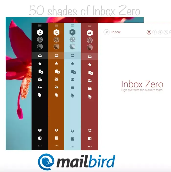 Anpassbares Mailbird-Interface mit verschiedenen Farbthemen und Layout-Optionen
