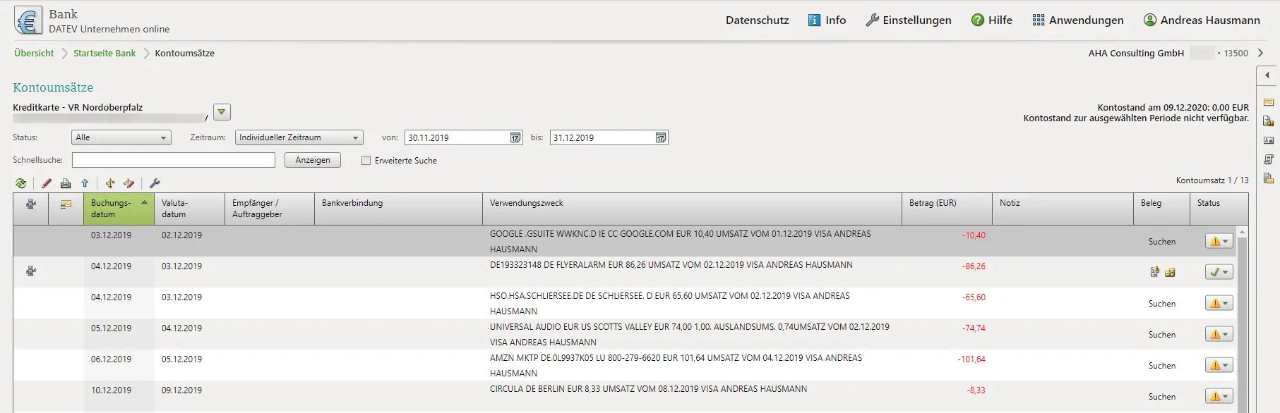 Ansicht eines Kreditkartenkontos in DATEV Unternehmen online