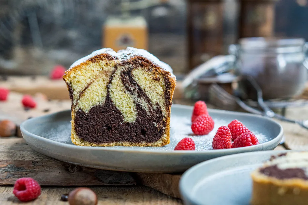 Ansicht von oben auf einen fertig gebackenen Marmorkuchen in einer Kastenform