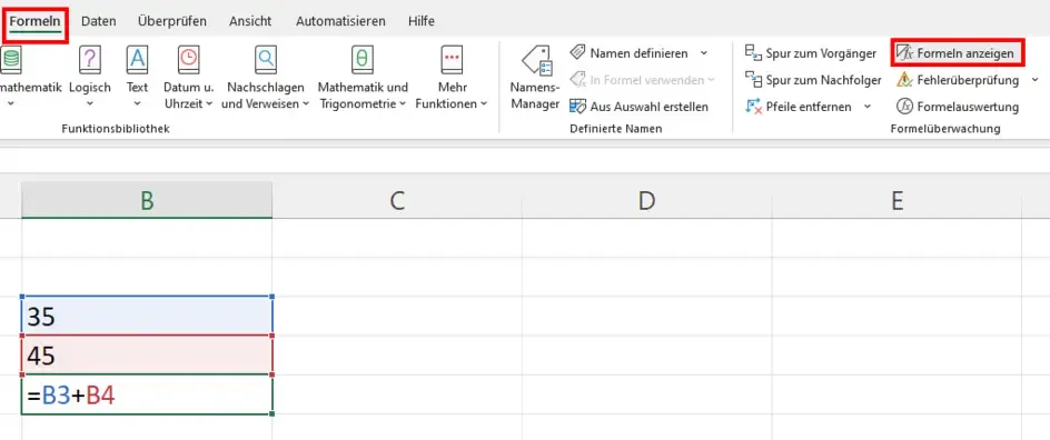 Anzeigen von Excel-Formeln über den Reiter "Formeln"
