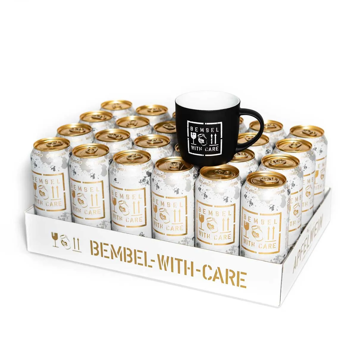 Apfelwein Dosen und eine schwarze Tasse für Heißgetränke im Bundle