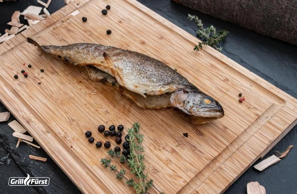 Appetitliche geräucherte Forelle, fertig zum Servieren