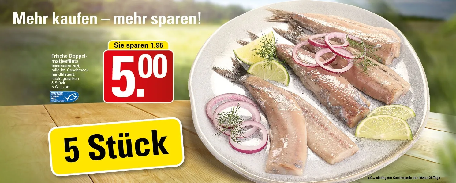 Auswahl an Fischprodukten, darunter Lachs und Matjes