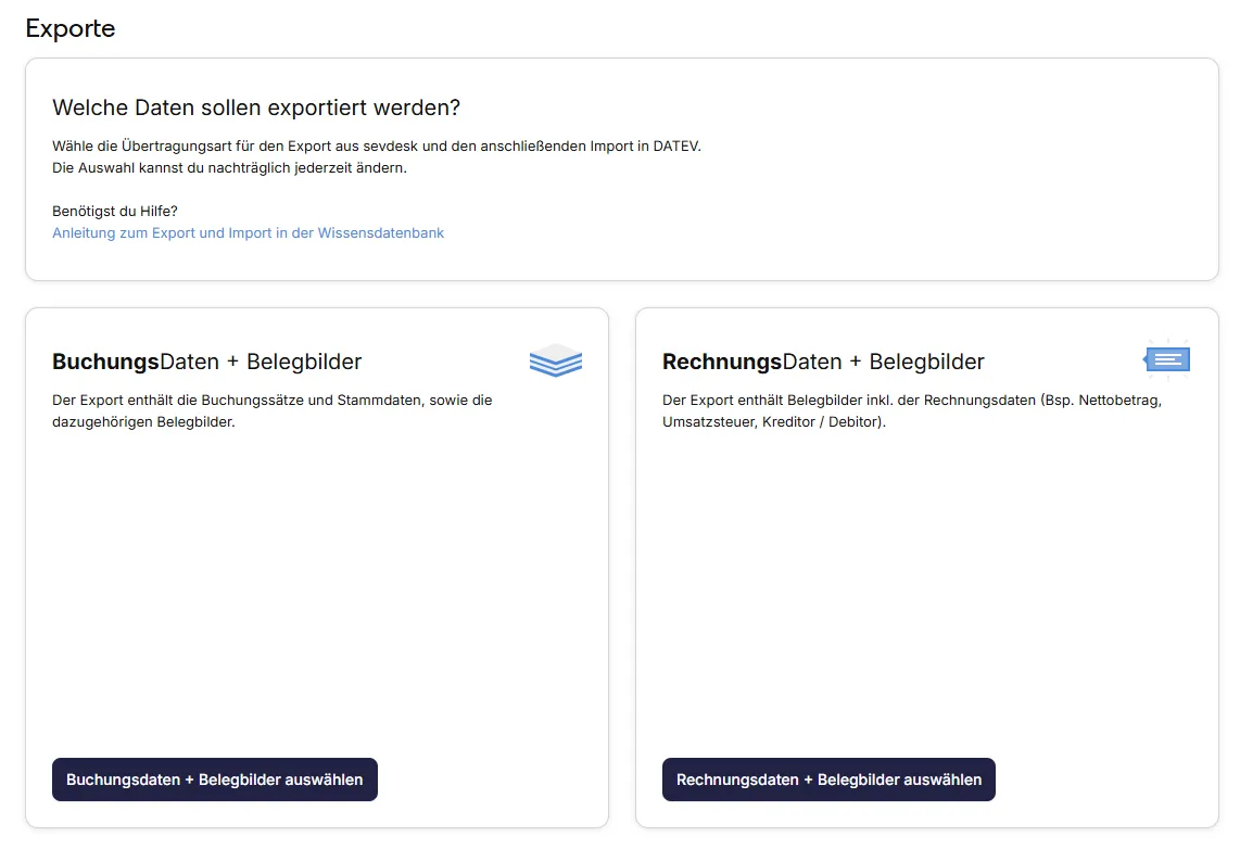 Auswahl des Export-Modus in sevdesk: Buchungsdaten oder Rechnungsdaten
