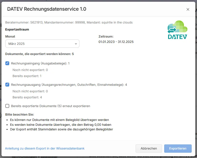 Auswahl des Exportmonats und der Dokumentenarten im DATEV Rechnungsdatenservice