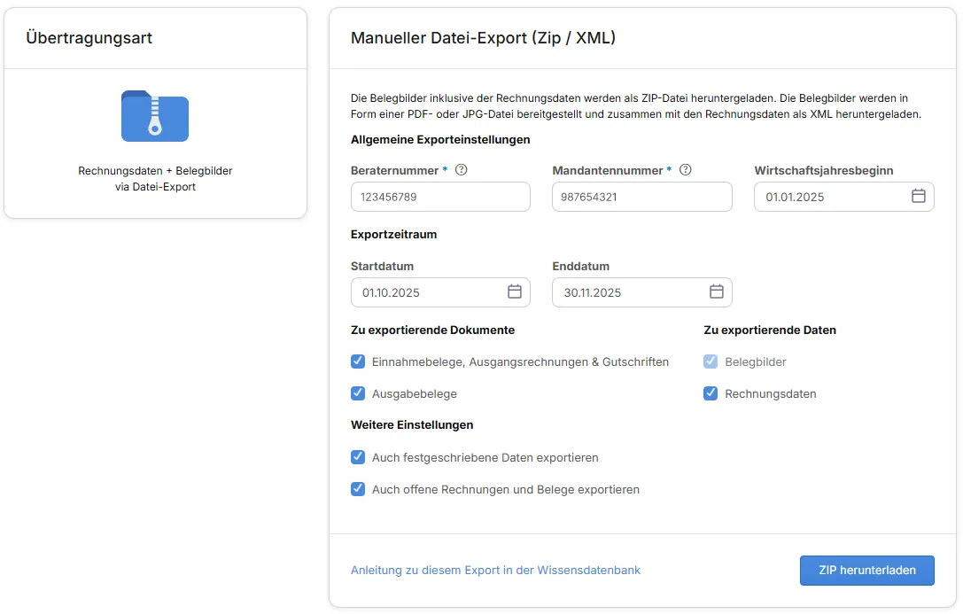Auswahl des Rechnungsdatenexports in sevdesk: Manuell oder Service