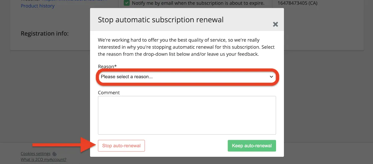 Auswahl eines Grundes und Bestätigung zum Beenden der automatischen Verlängerung bei Verifone