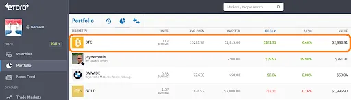 Auswahl eines Krypto-Assets im Portfolio