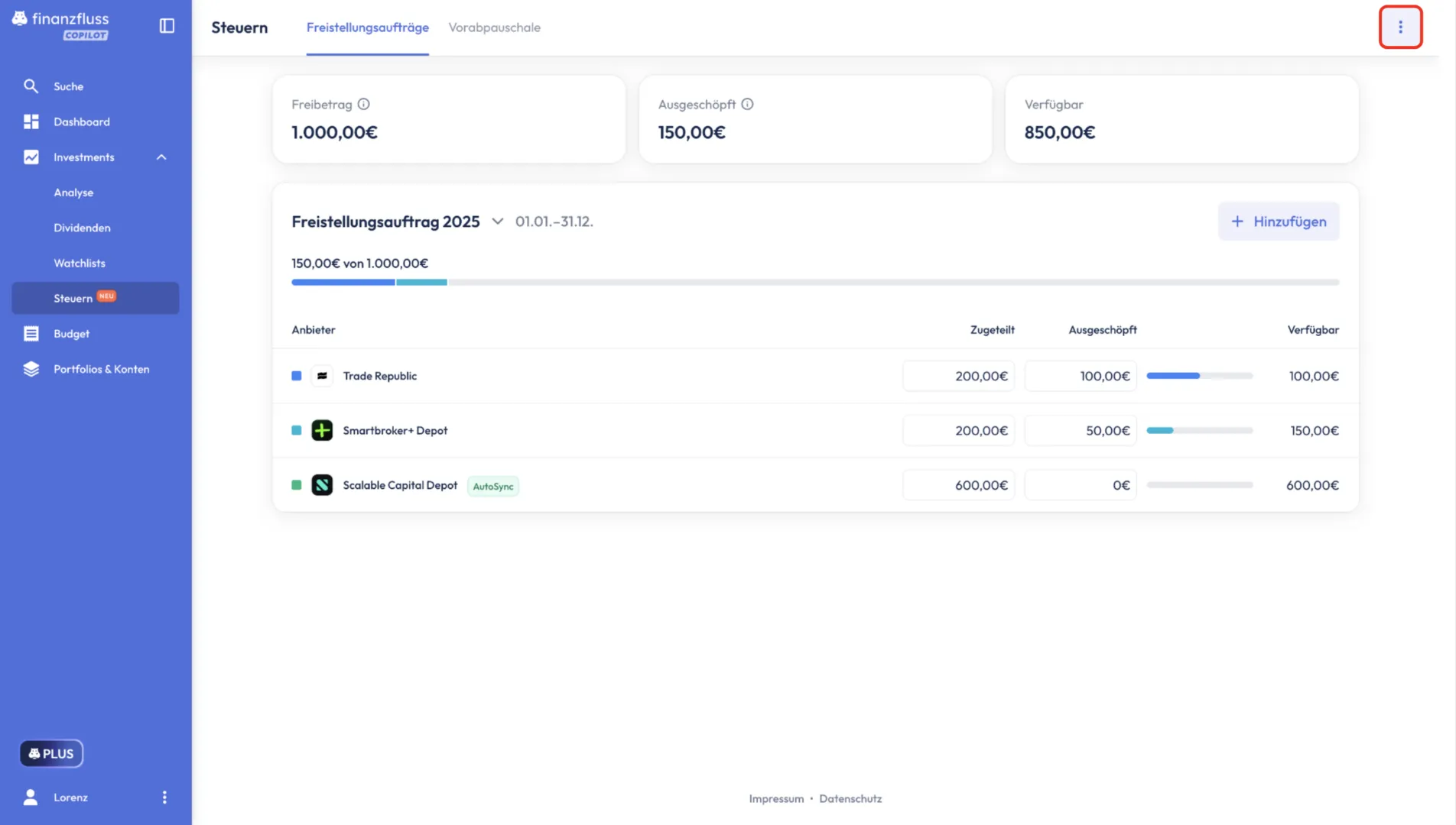 Auswahl für gemeinsame Veranlagung im Copilot