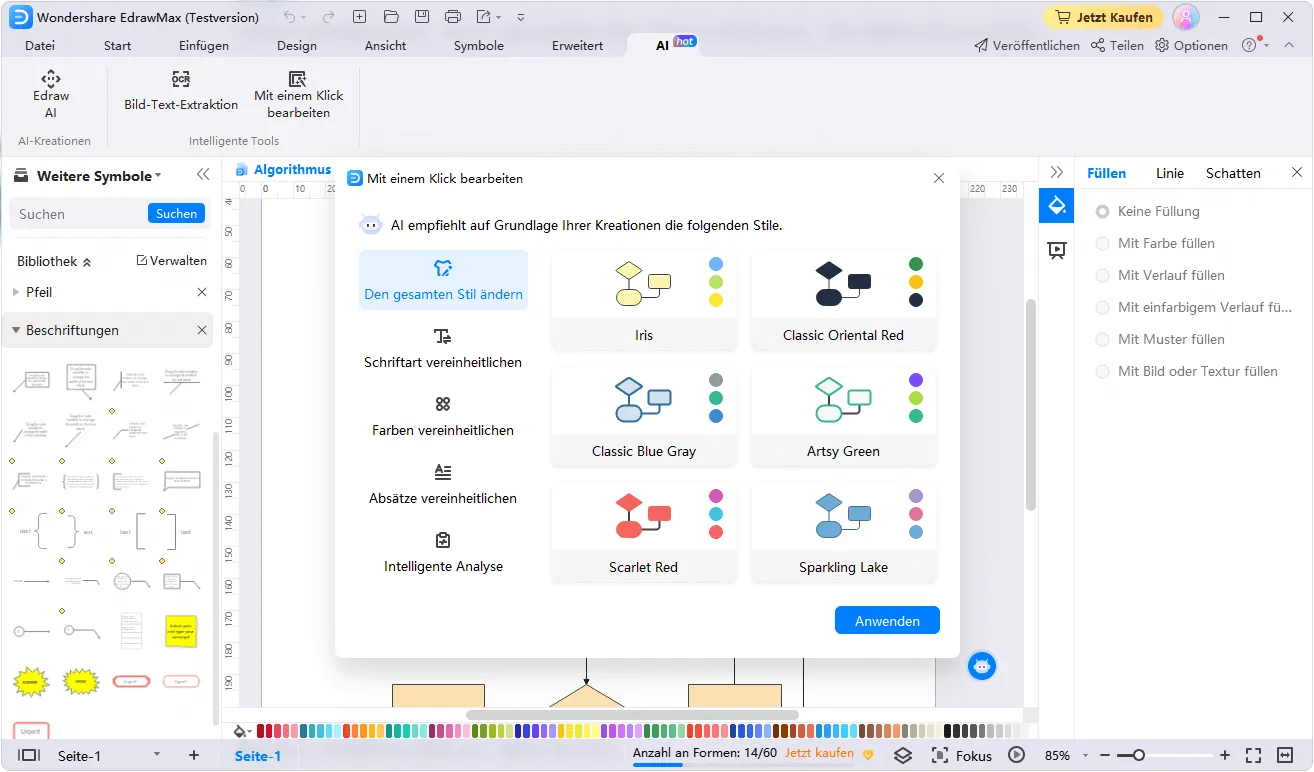 Automatisch generiertes Diagramm mit Optionen zur Anpassung der Bemaßung im EdrawMax Zeichenprogramm