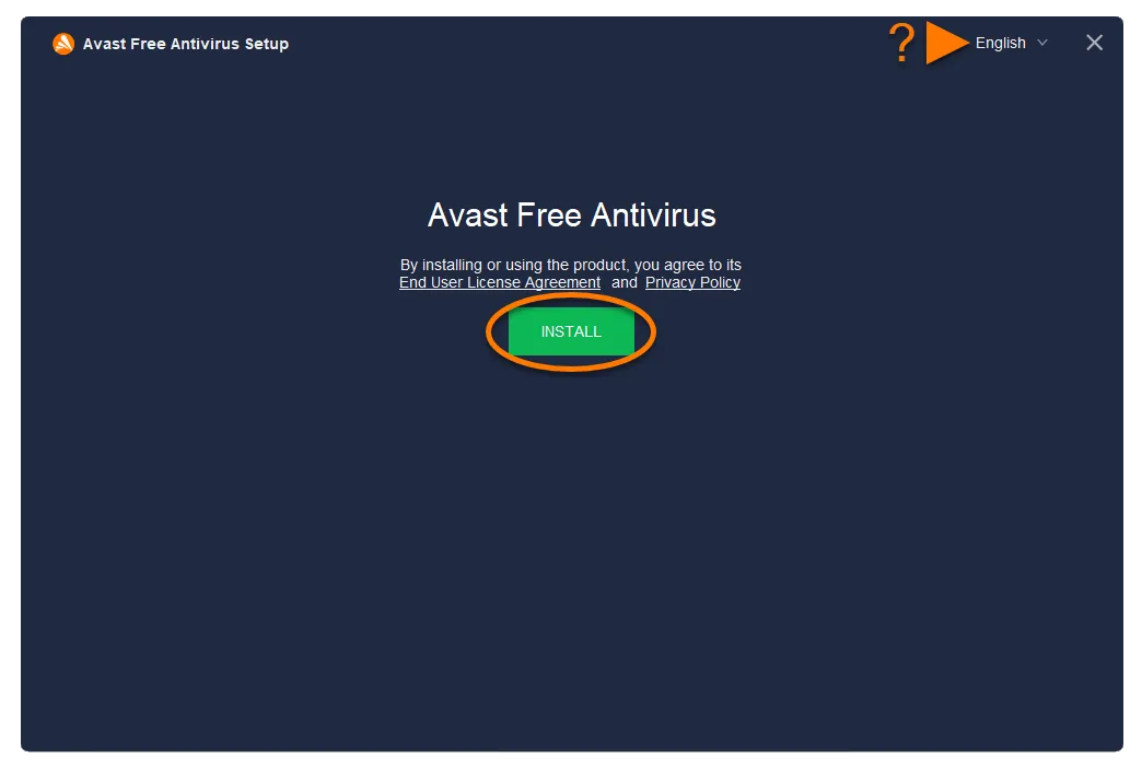 Avast Installationsbildschirm mit Option zur Sprachwahl und Schaltfläche "Installieren"