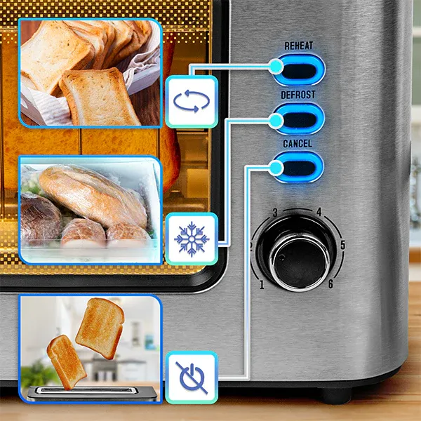 Bedienelemente des Duronic TB10 Toasters: Stopp-, Auftau- und Aufwärmtaste