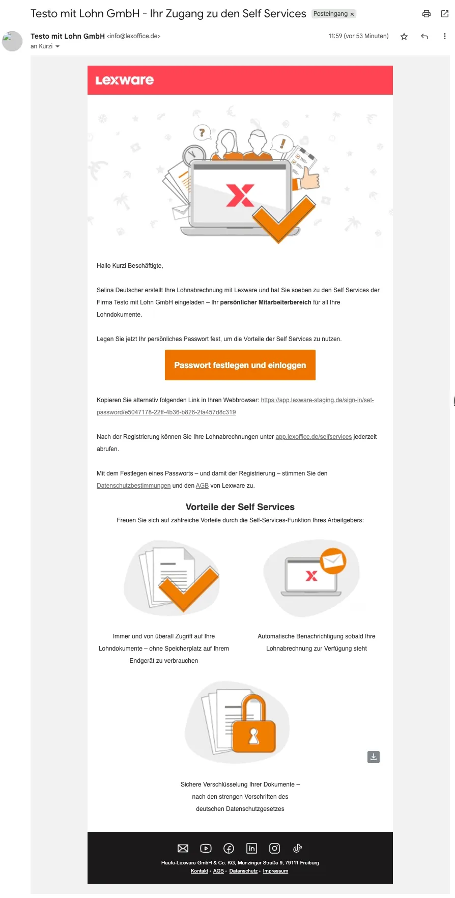Beispiel einer Einladungs-E-Mail für Lexware Self Services