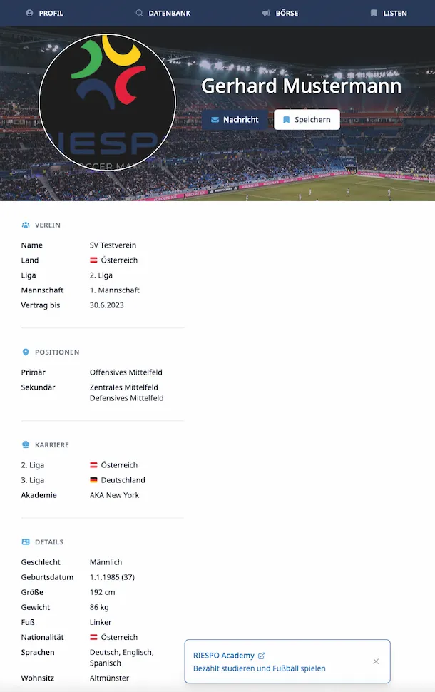 Beispiel eines Spielerprofils in der RIESPO Datenbank