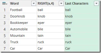 Beispiel für das Extrahieren der letzten 4 Zeichen in Power Query