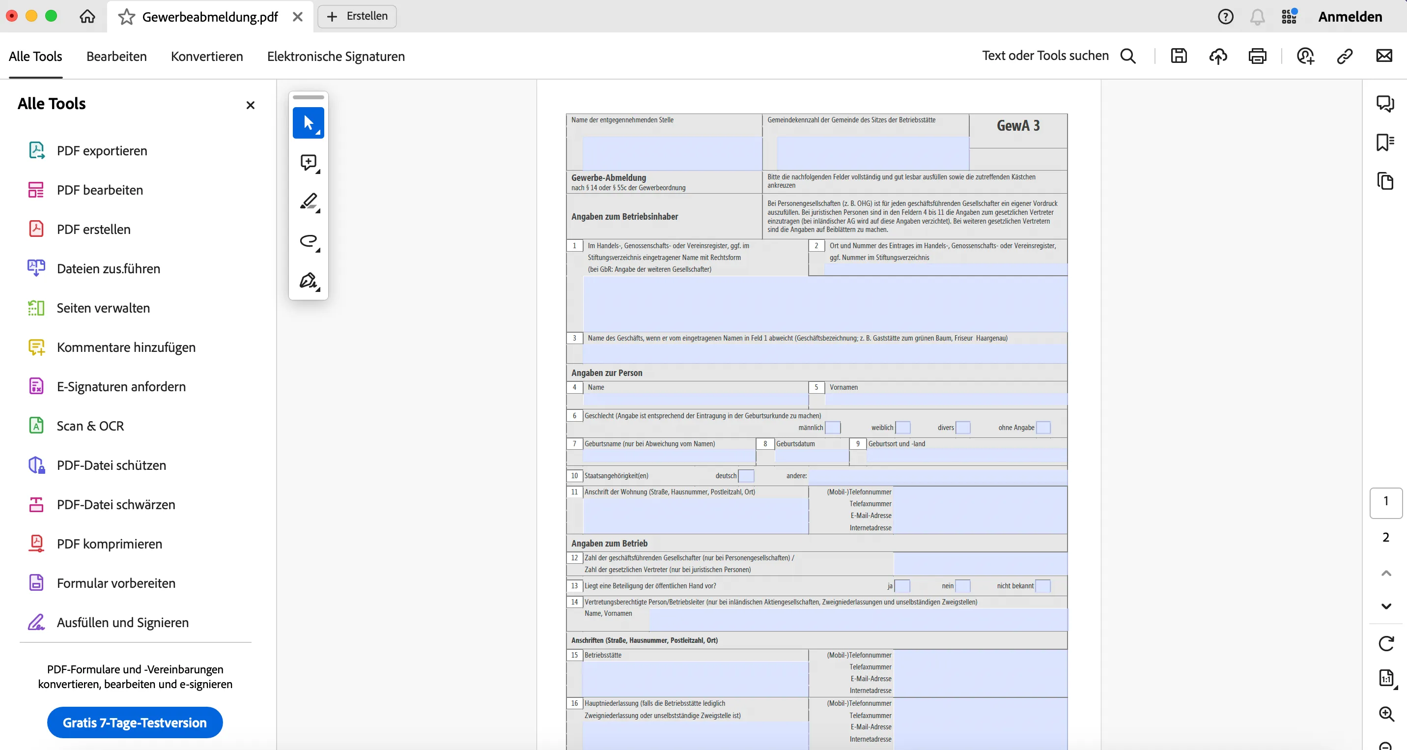 Benutzeroberfläche von Adobe Acrobat Reader DC