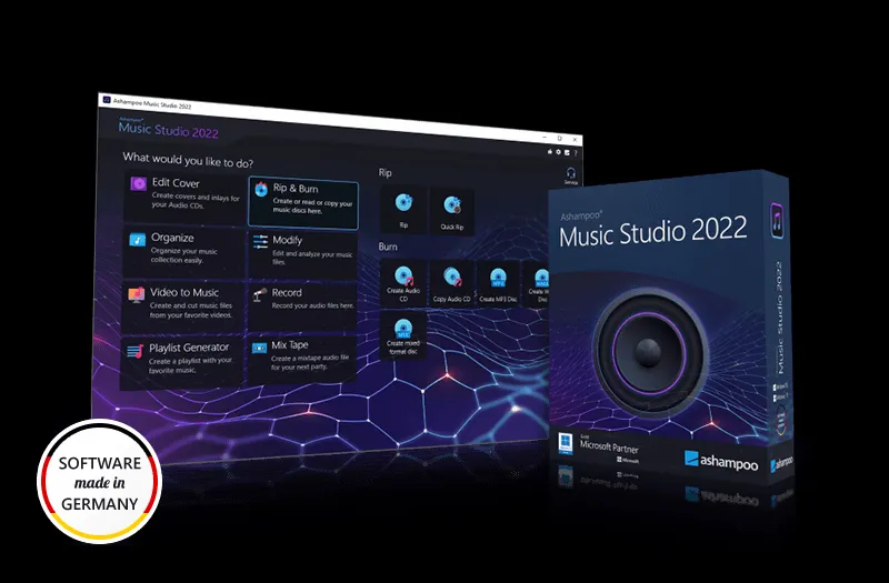 Benutzeroberfläche von Ashampoo Music Studio, zeigt verschiedene Bearbeitungs- und Organisationsfunktionen